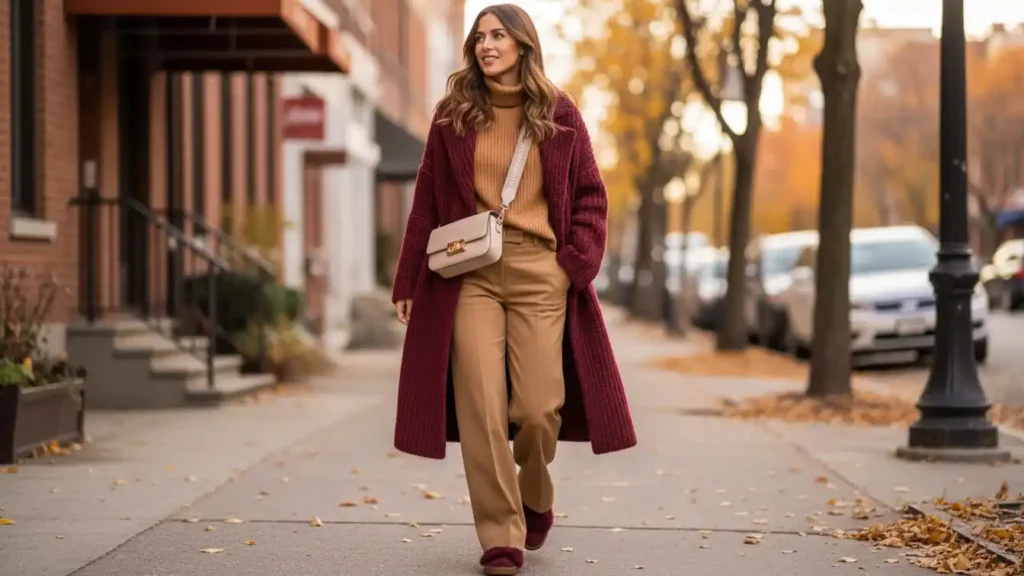 Berry toned fall outfit with a burgundy knit coat, camel turtleneck, tan trousers, and burgundy sneakers in an autumn street-style look.