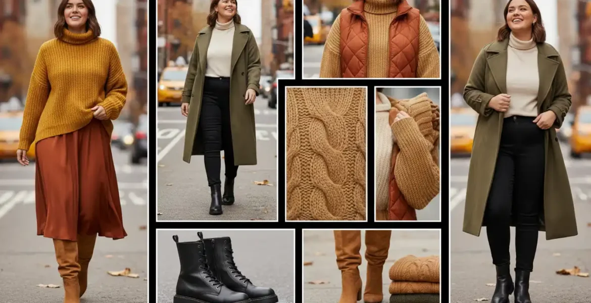 Chic cozy fall 2026 outfits plus size women trendy featuring layered sweaters, coats, jeans, dresses, and boots in warm autumn colors