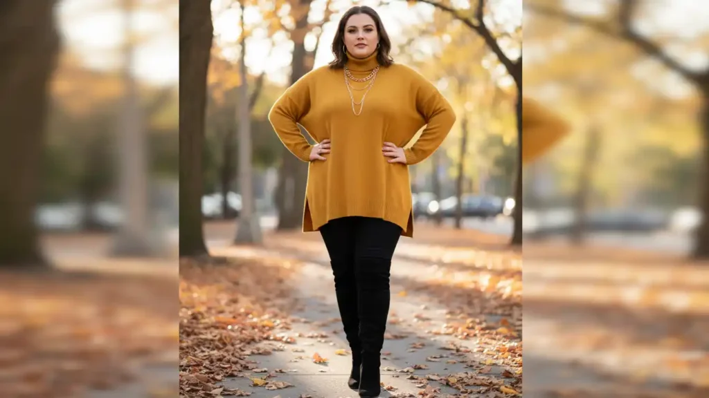 Plus size fall 2025 outfit with mustard turtleneck tunic, black jeans, knee high suede boots, and gold layered jewelry