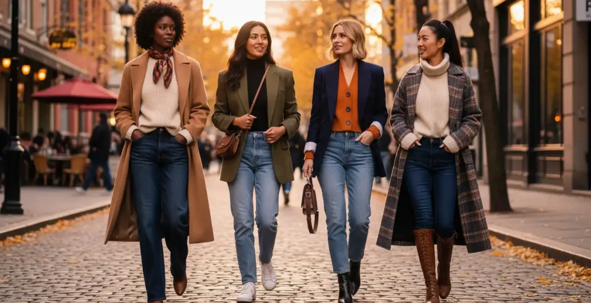 how to style jeans this fall 2025 outfits ideas casual with wide-leg, straight-leg and barrel-leg jeans, trench coats, blazers, and boots
