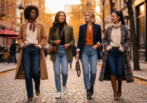 how to style jeans this fall 2025 outfits ideas casual with wide-leg, straight-leg and barrel-leg jeans, trench coats, blazers, and boots