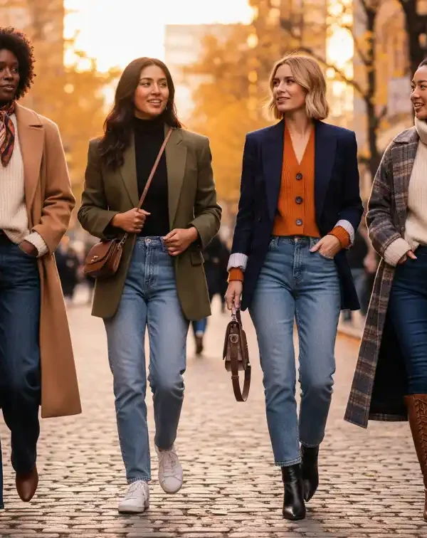 how to style jeans this fall 2025 outfits ideas casual with wide-leg, straight-leg and barrel-leg jeans, trench coats, blazers, and boots