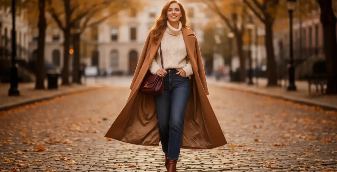 Woman wearing new fall fashion clothes 2025 weekend style, dressed in a beige cardigan, white shirt, dark jeans, and loafers for an effortless fall look.
