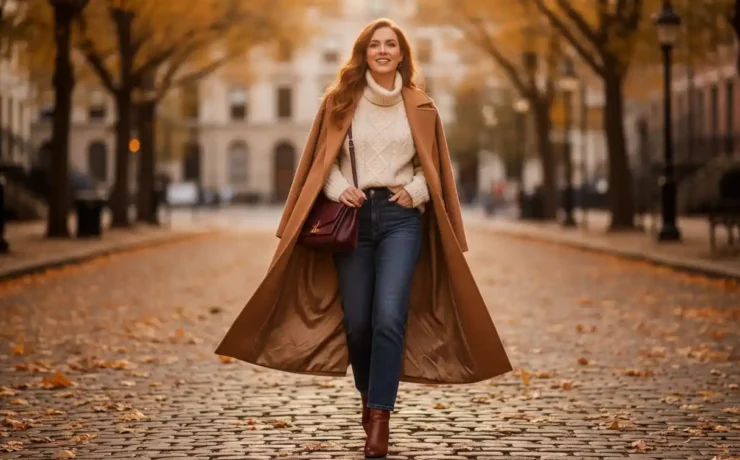 Woman wearing new fall fashion clothes 2025 weekend style, dressed in a beige cardigan, white shirt, dark jeans, and loafers for an effortless fall look.