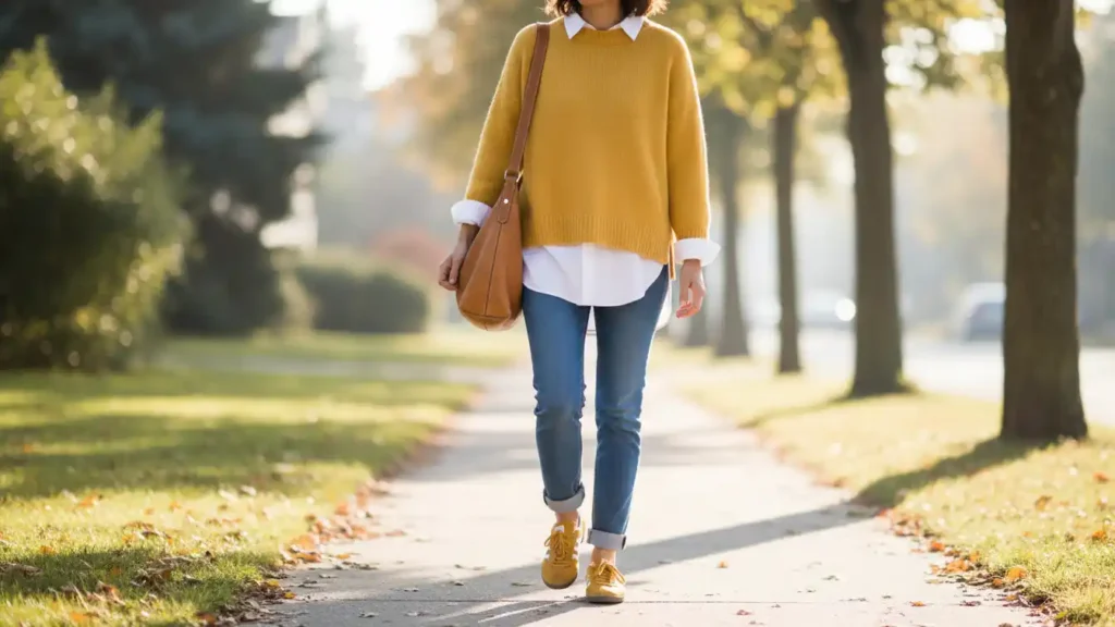 Butter yellow oversized sweater layered over white button-down with cuffed blue jeans, mustard retro sneakers, and tan leather handbag on a sunny fall morning sidewalk