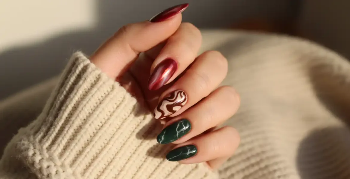 Stylish fall oval shape nail designs 2025 fall colors trends featuring fall colors like burgundy, copper, and mocha
