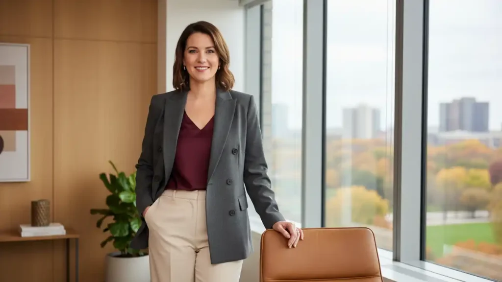 Midsize professional woman wearing a structured blazer and tailored trousers in warm fall tones inside a modern office, showcasing polished midsize office style for fall 2025.