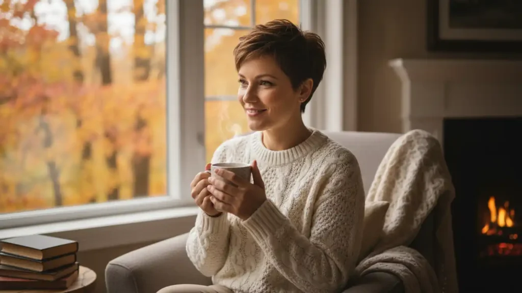Short-haired woman in a knit sweater holding a warm coffee by a window with blurred fall foliage outside in natural daylight