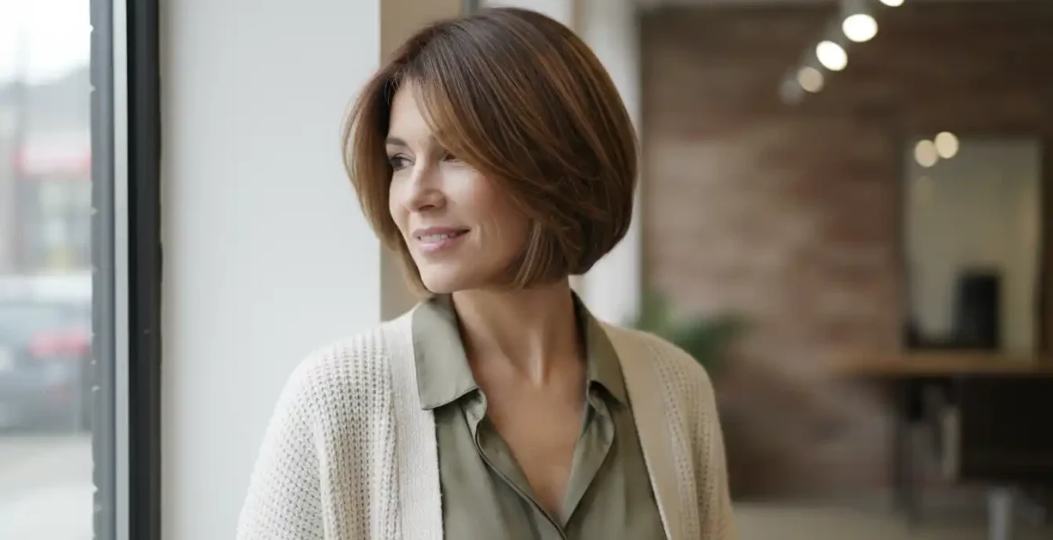 fall 2026 hair color trends for women featuring warm brown highlights on short hairstyles