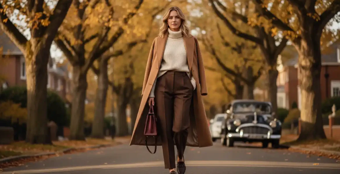 Old money outfits to try this fall 2026 women featuring a woman in a camel coat, cream turtleneck, tailored brown trousers, and loafers on a tree-lined autumn street
