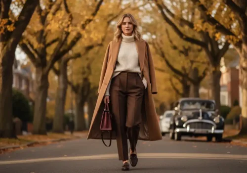 Old money outfits to try this fall 2026 women featuring a woman in a camel coat, cream turtleneck, tailored brown trousers, and loafers on a tree-lined autumn street
