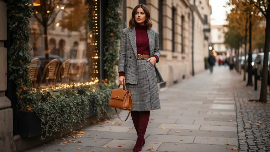 Elegant fall street style featuring a grey plaid blazer, burgundy turtleneck, matching plaid midi skirt, and suede boots, creating a refined old money look for women