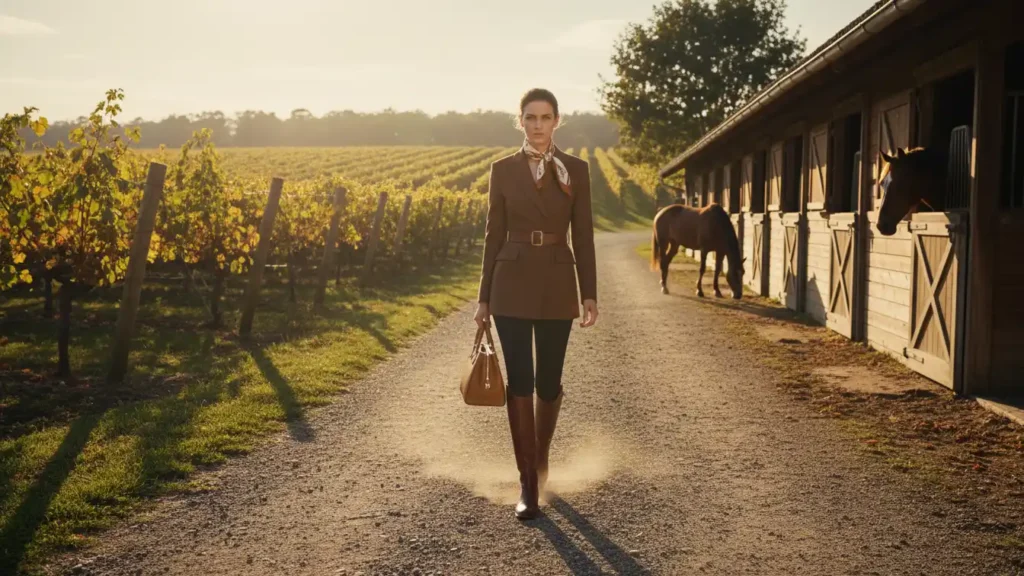 Old money outfits to try this fall 2026 with a chocolate belted blazer, dark trousers, burgundy riding boots, and a silk neck scarf styled for a polished fall look